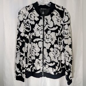 INC Women's Embroidered Zip-Front Light Jacket with Sequins, Black/White, Large